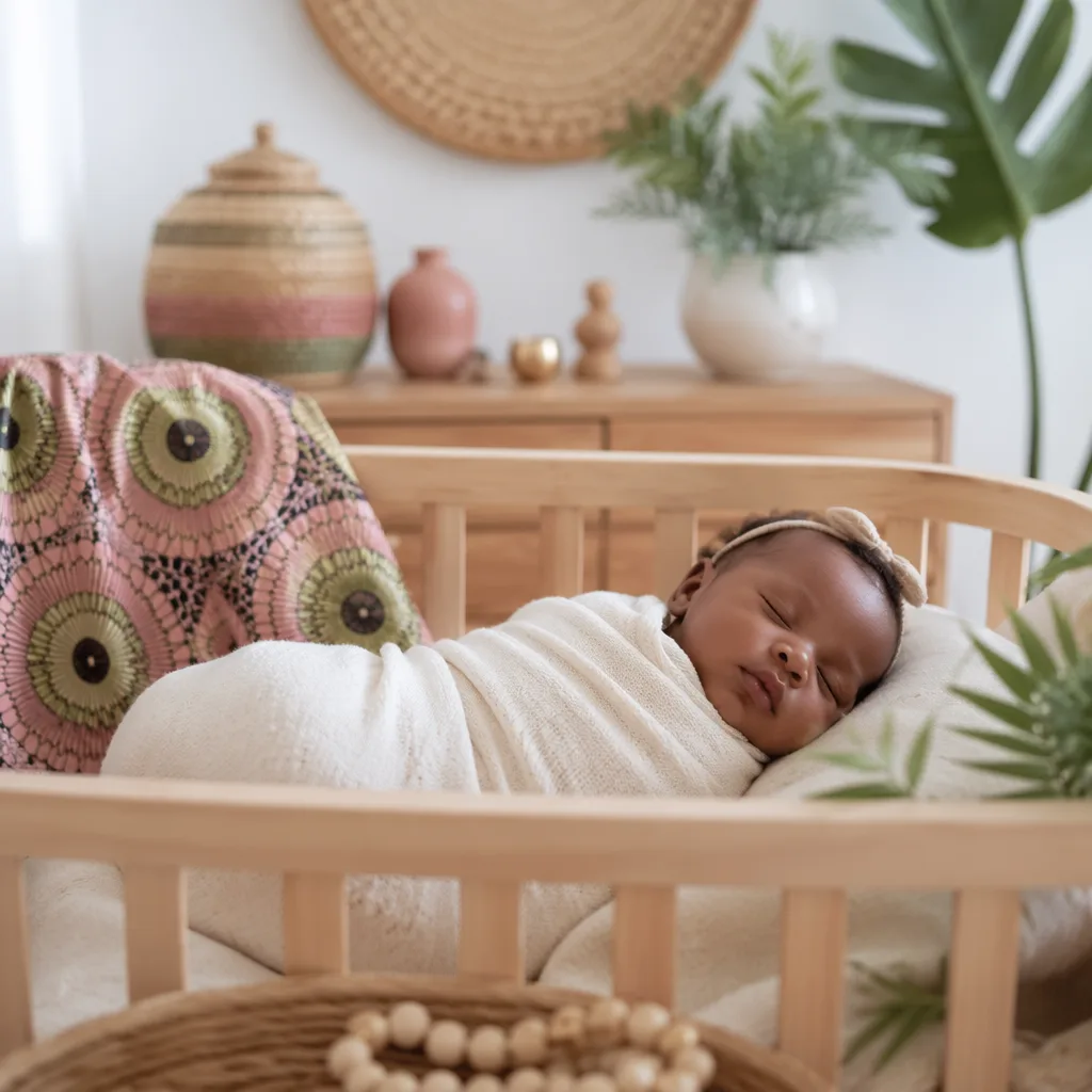Sleeping newborn in a cozy pastel nursery with subtle Nigerian-inspired decor.