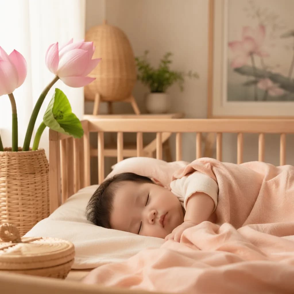 Sleeping baby in a soft pastel Vietnamese-inspired nursery with lotus flowers