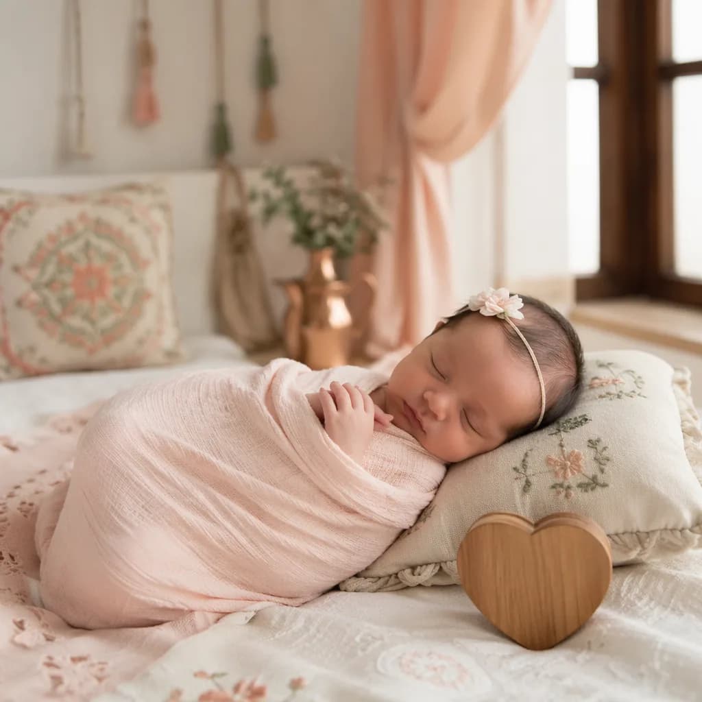 Sleeping swaddled baby in a soft Turkish-inspired nursery with a small heart keepsake.