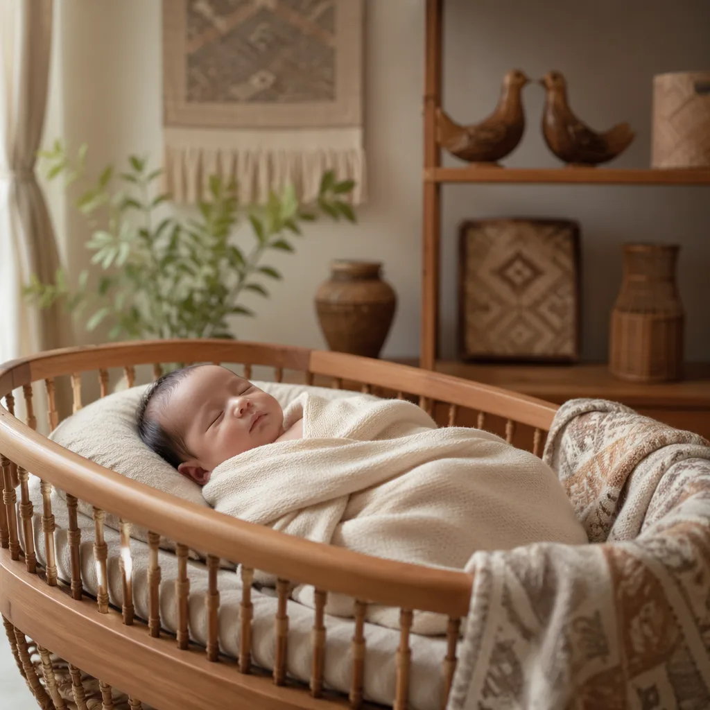 Sleeping Indonesian baby in a warm pastel nursery with cozy woven accents.