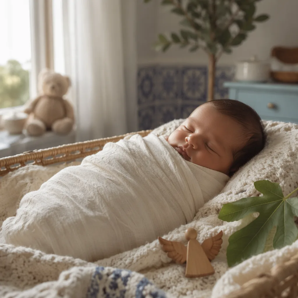 Sleeping newborn in a soft Portuguese-inspired nursery with fig leaves and gentle pastel light.