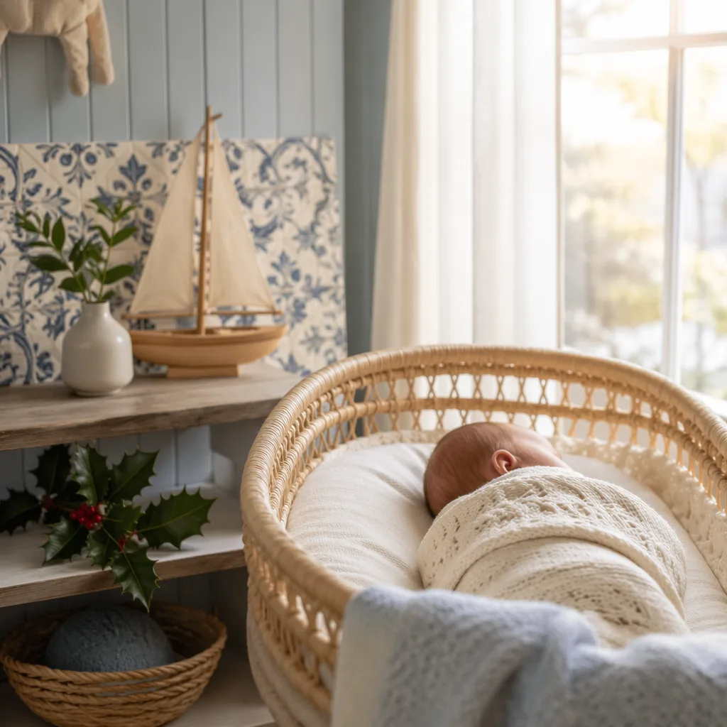 Peaceful newborn in a cozy Portuguese-inspired nursery with soft pastel decor and holly leaves.
