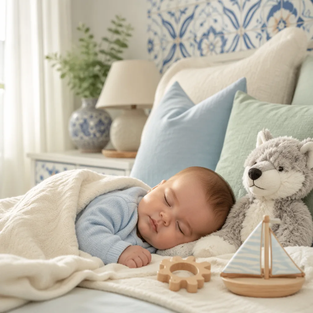 Sleeping baby in a soft Portuguese-inspired nursery with pastel accents and wooden toys.