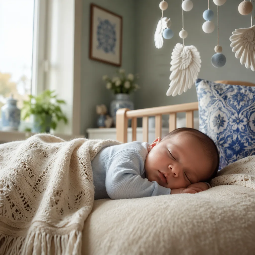 Peaceful baby in a soft Portuguese-inspired nursery with gentle angel-wing decor