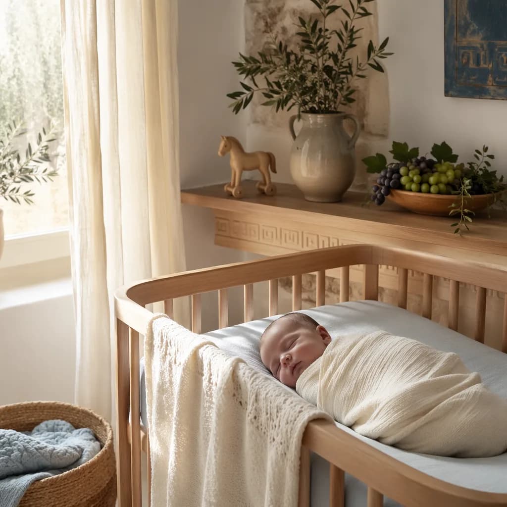 Sleeping baby in a soft Greek-inspired nursery with a wooden toy horse and gentle pastel accents.