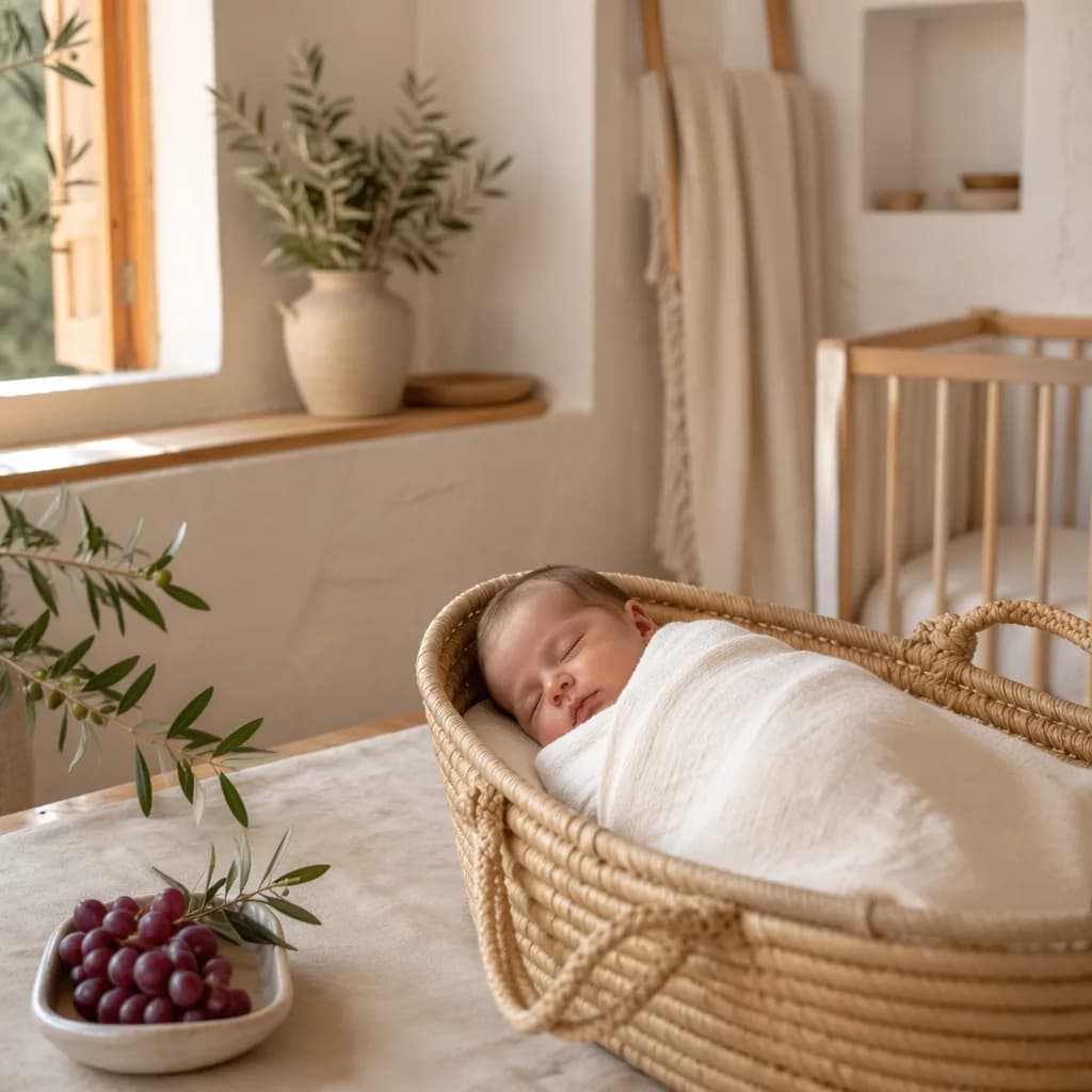 Sleeping swaddled baby in a soft Greek-inspired nursery with olive branches and grapes.