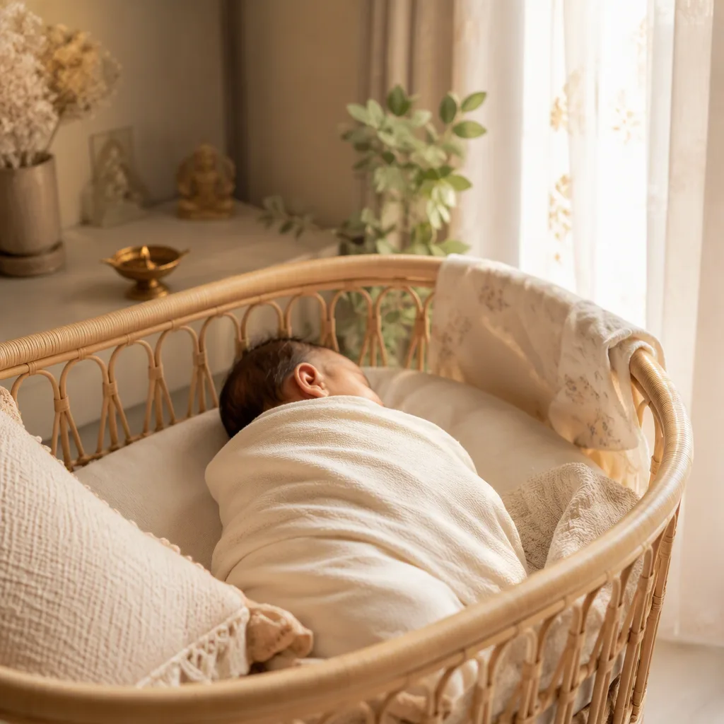 A softly lit cozy nursery with a swaddled baby and gentle divine-inspired decor.