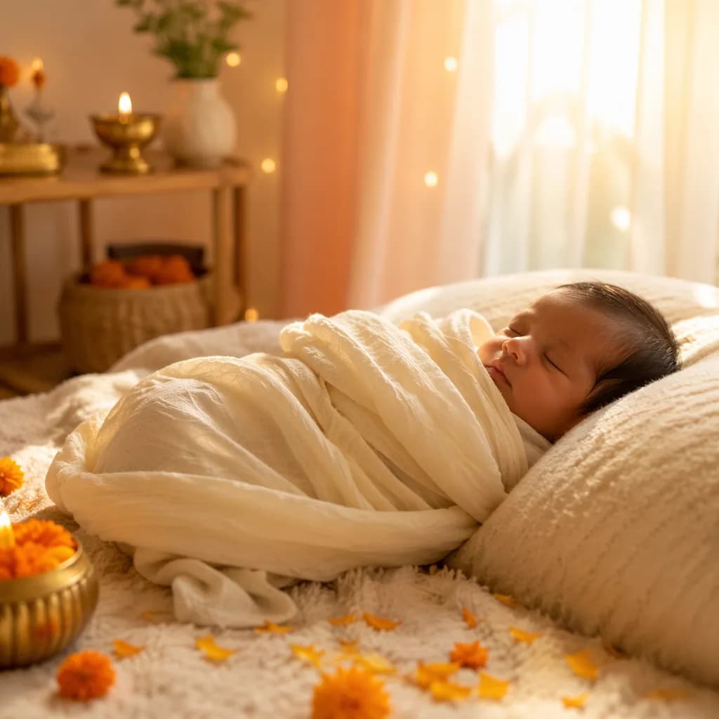 A peaceful newborn in a soft pastel nursery with gentle golden light and subtle Indian-inspired decor.