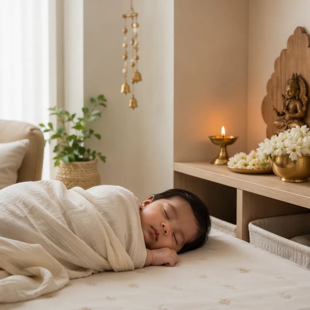 Sleeping baby in a soft nursery with a glowing diya and jasmine flowers.