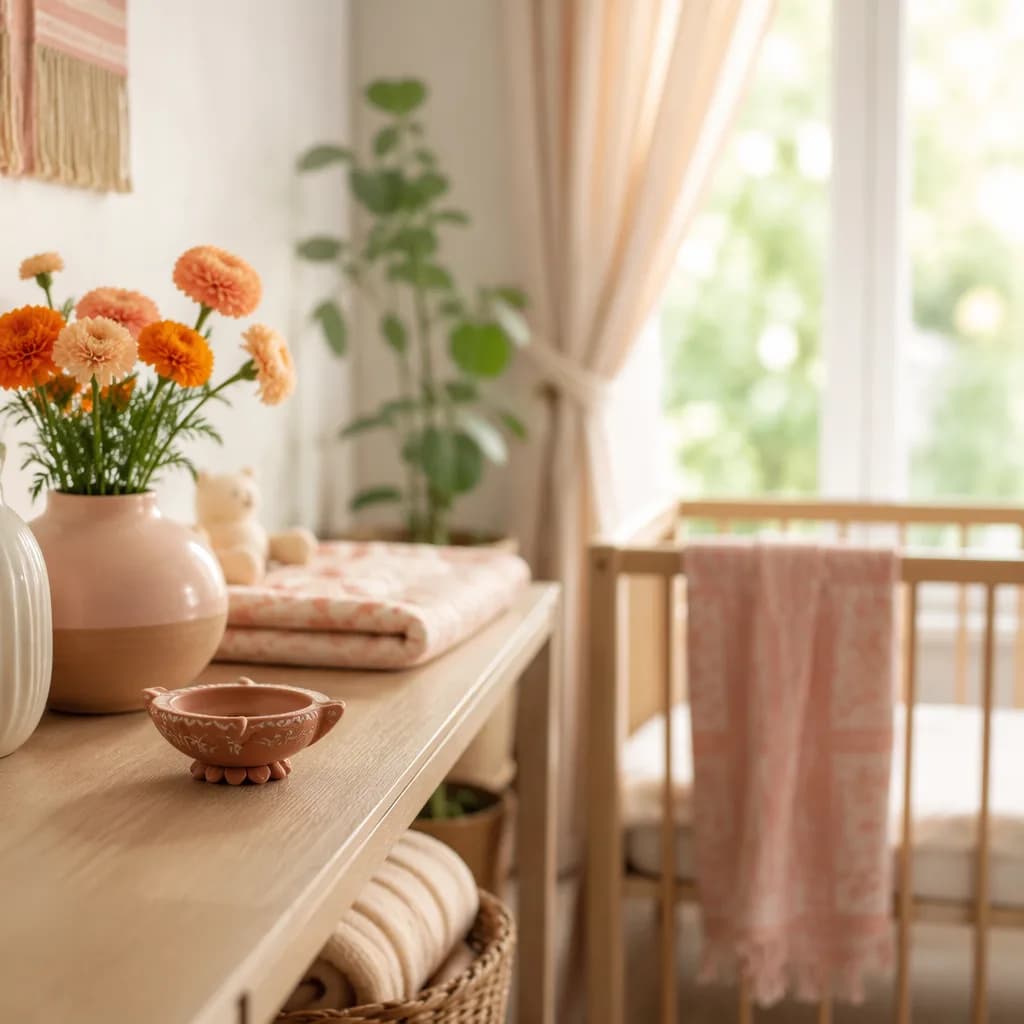 Soft pastel nursery with a decorative diya lamp and cozy baby blanket in gentle natural light