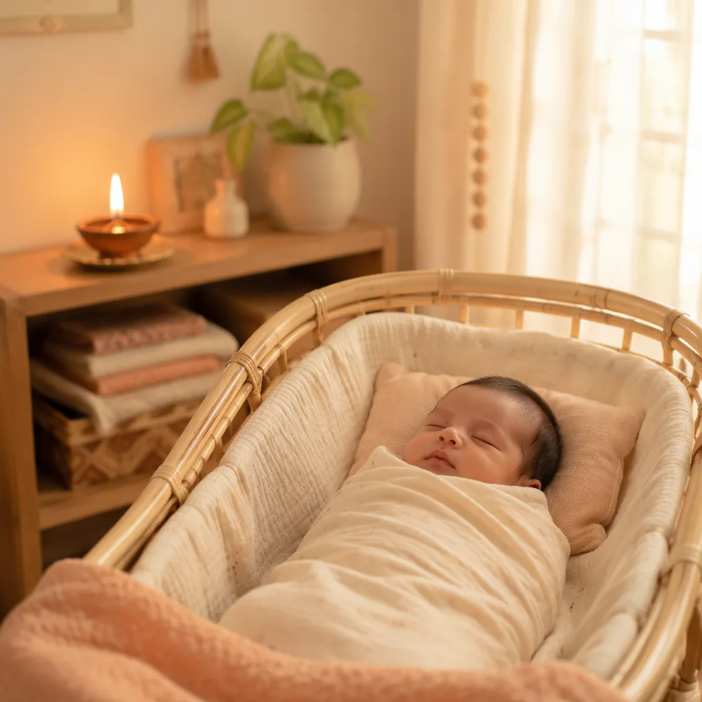 Sleeping baby in a soft nursery with warm diya-inspired light.