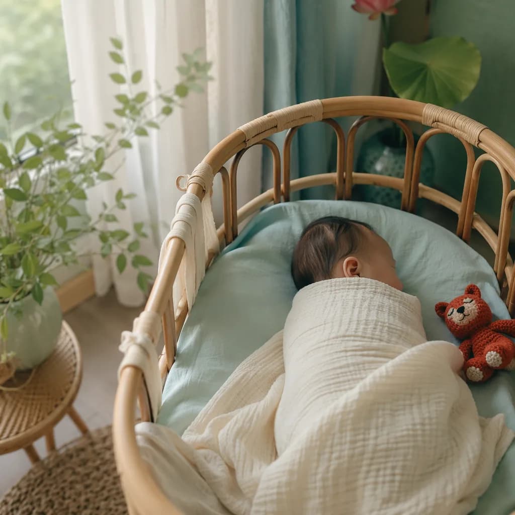 A peaceful baby in a cozy pastel nursery with soft teal and coral accents.