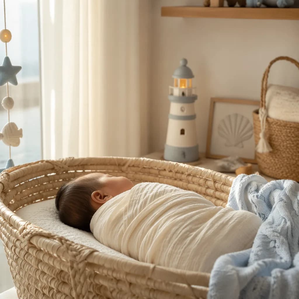 Cozy pastel nursery with a sleeping baby and a small wooden lighthouse toy.