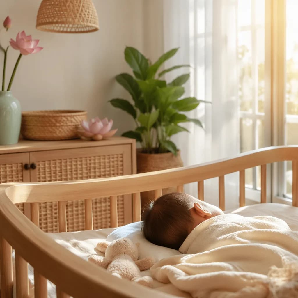 A peaceful Vietnamese-inspired nursery with a softly swaddled baby in warm morning light.