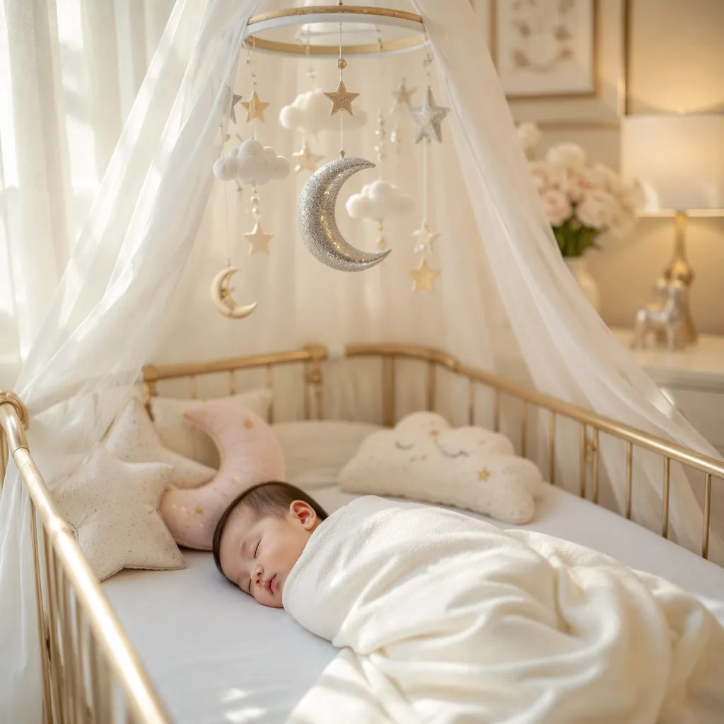 Vietnamese baby sleeping in a soft pastel nursery with gentle gold and silver accents.