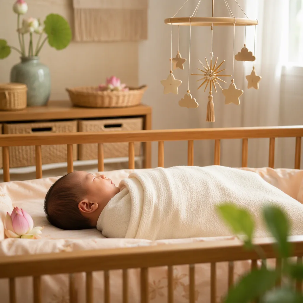 A peaceful Vietnamese-inspired nursery scene with a swaddled baby, soft star mobile, and warm pastel light.