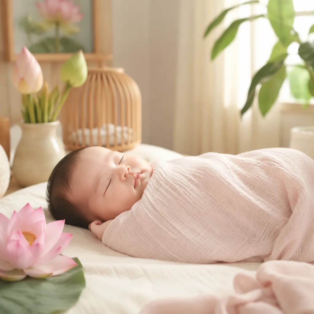 A peaceful Vietnamese-inspired nursery scene with a sleeping baby, soft pastels, and lotus flowers.