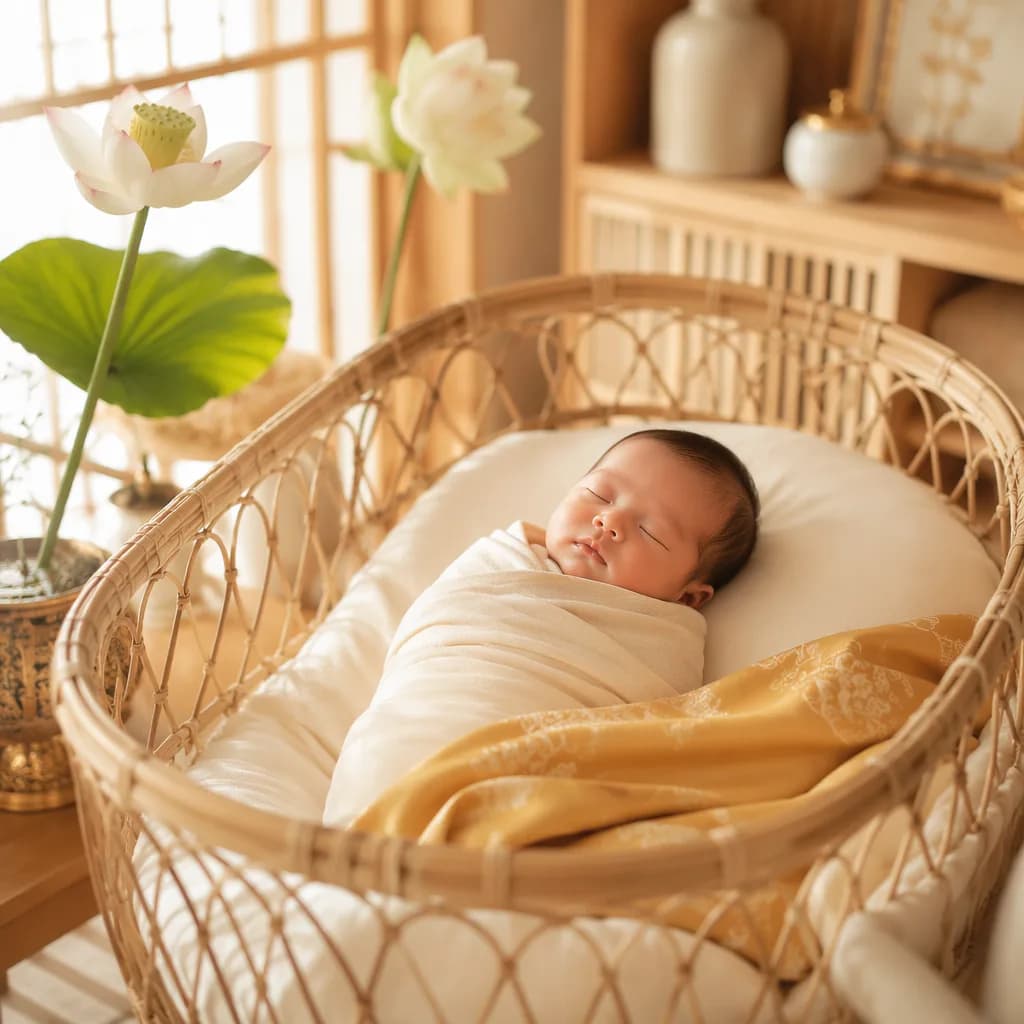 Vietnamese newborn sleeping in a cozy pastel nursery with bamboo, lotus, and warm golden accents