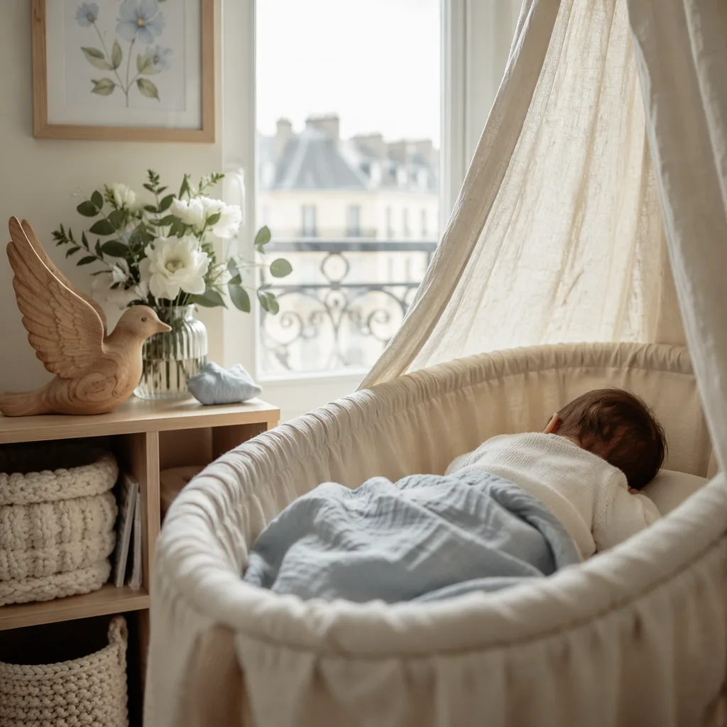 Soft French-inspired nursery with a sleeping baby in a cream bassinet.