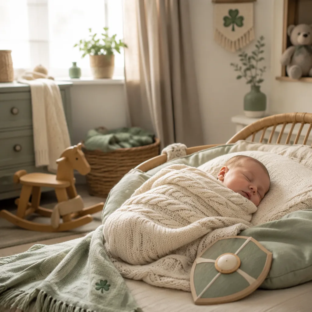 Cozy Irish-inspired nursery with a peacefully swaddled baby and soft shamrock details.