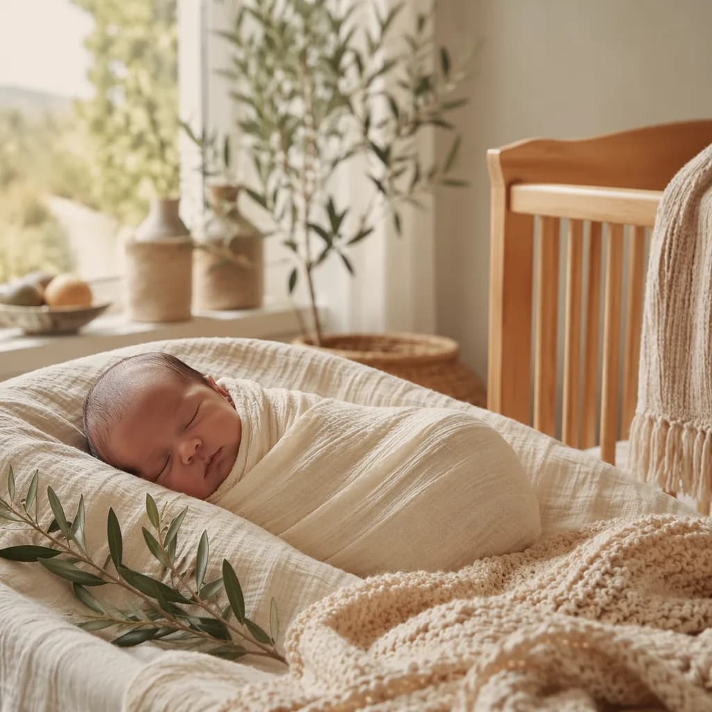 Peaceful pastel nursery with a swaddled newborn, olive branch, and cozy home-inspired decor.