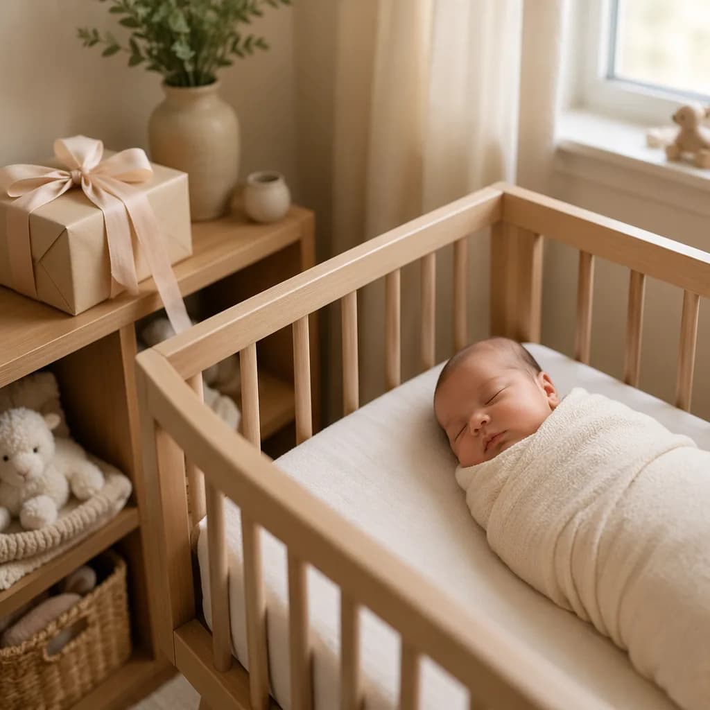 Sleeping newborn in a soft nursery with a small wrapped gift, evoking the Hebrew name Doron.