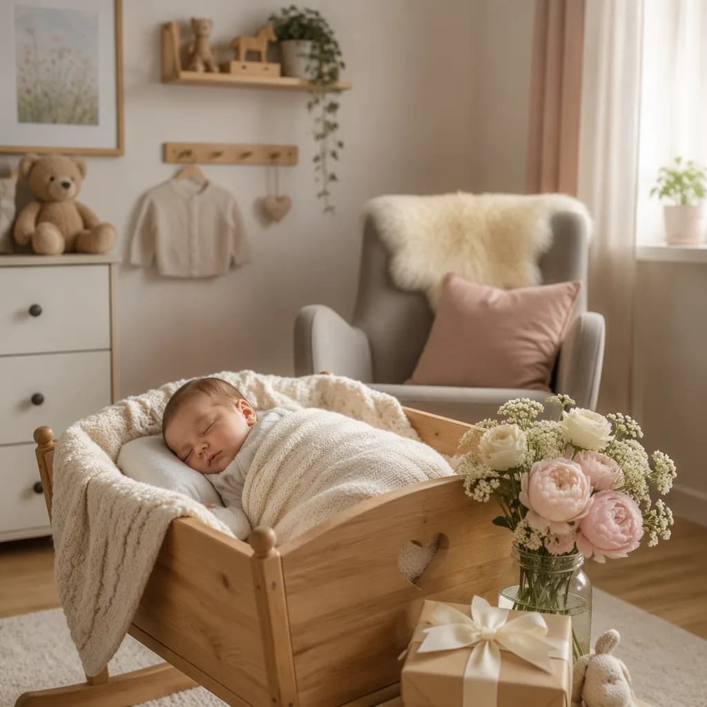 Sleeping newborn in a cozy pastel nursery with flowers and a small gift.