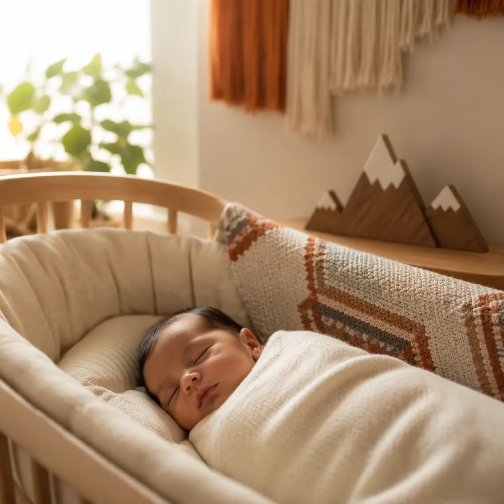 A softly lit cozy nursery with a sleeping swaddled baby and wooden mountain decor.