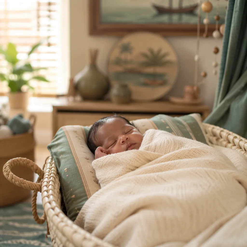 Peaceful Nigerian newborn sleeping in a warm pastel nursery with subtle Niger Delta-inspired decor.