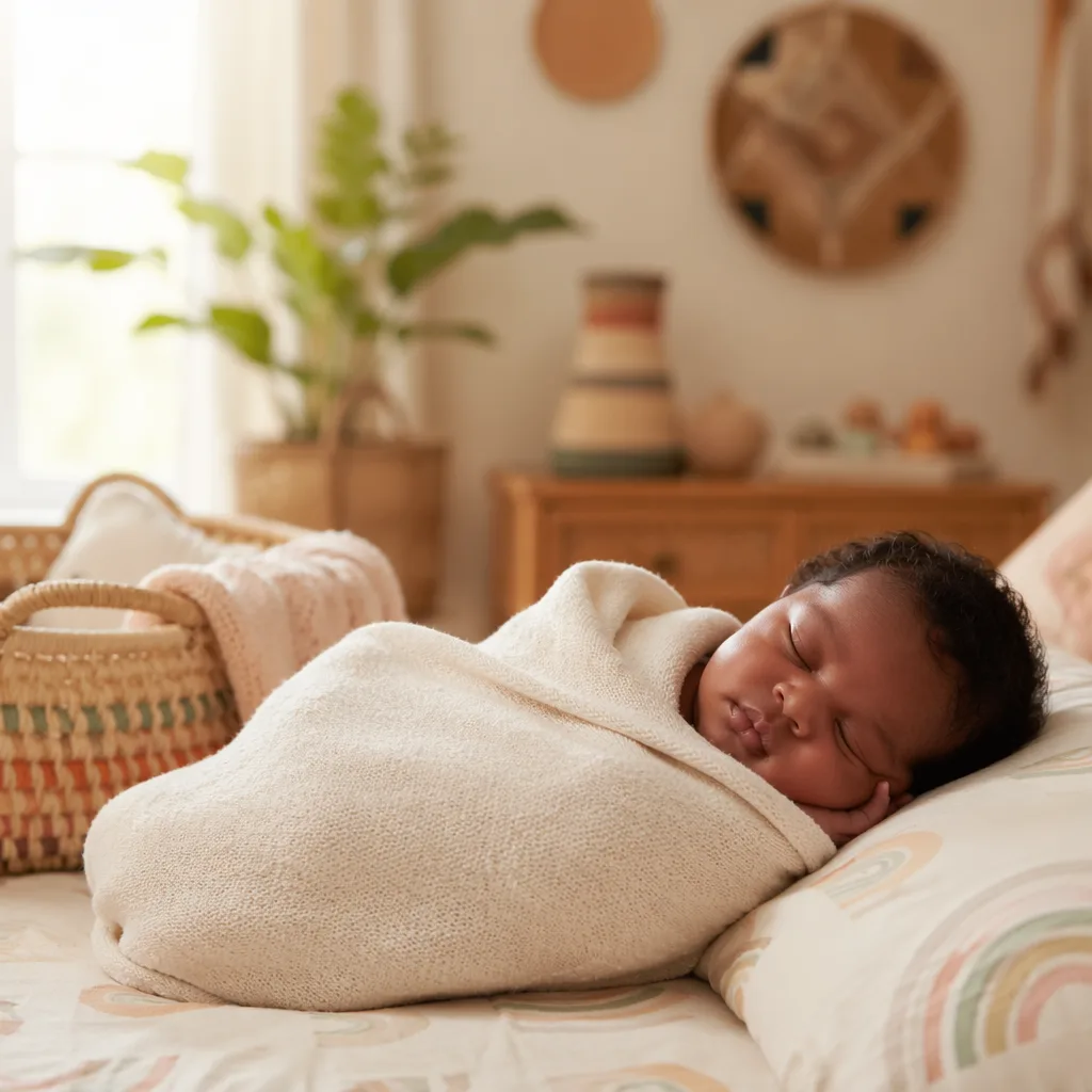 Sleeping newborn in a warm pastel nursery with Nigerian-inspired woven decor.