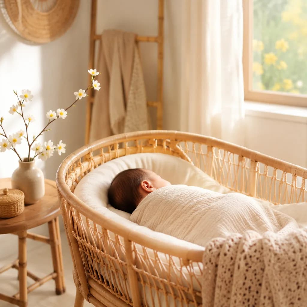 Peaceful Vietnamese-inspired nursery with a swaddled baby in warm morning light.