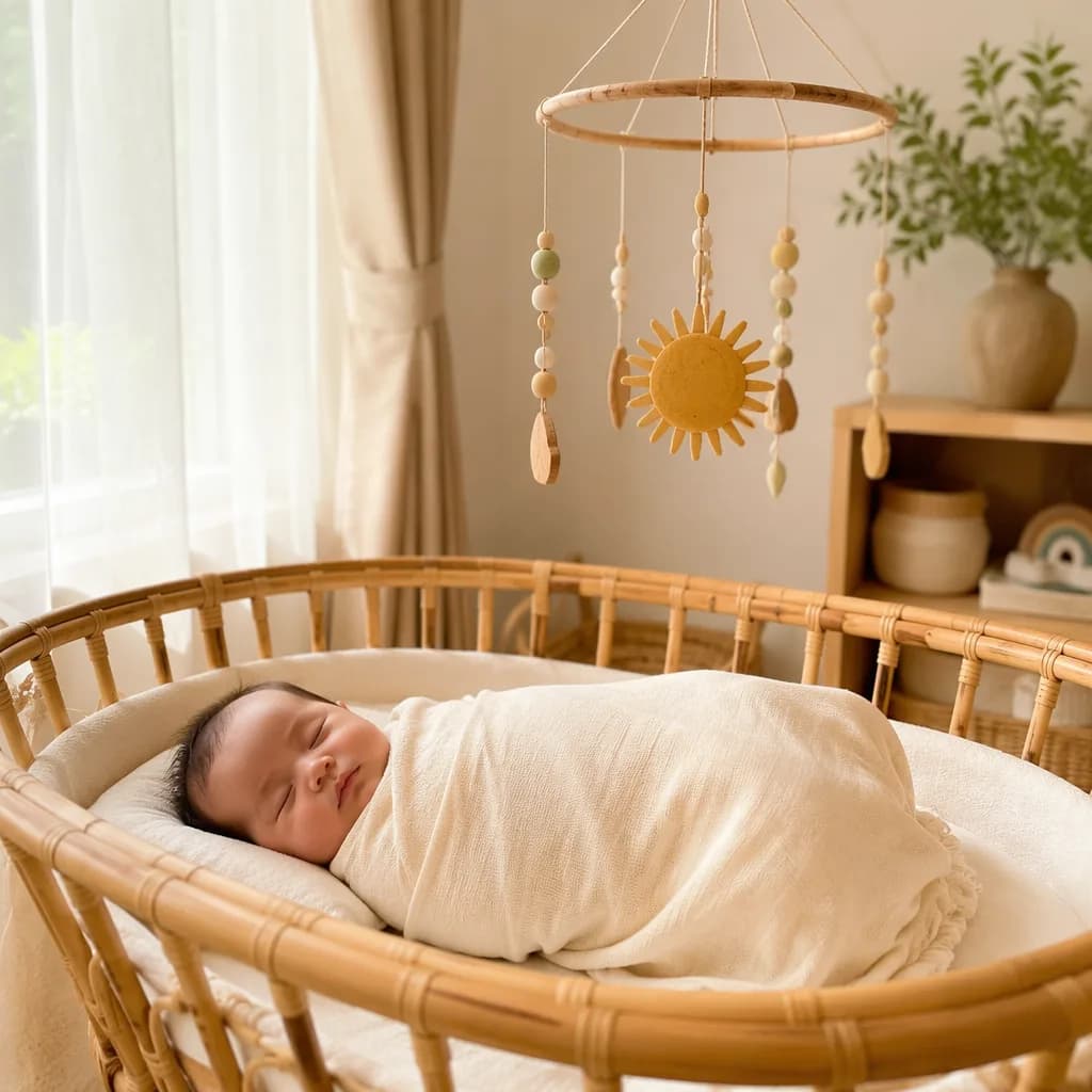 Sleeping baby in a soft pastel nursery with bamboo details and warm morning light.