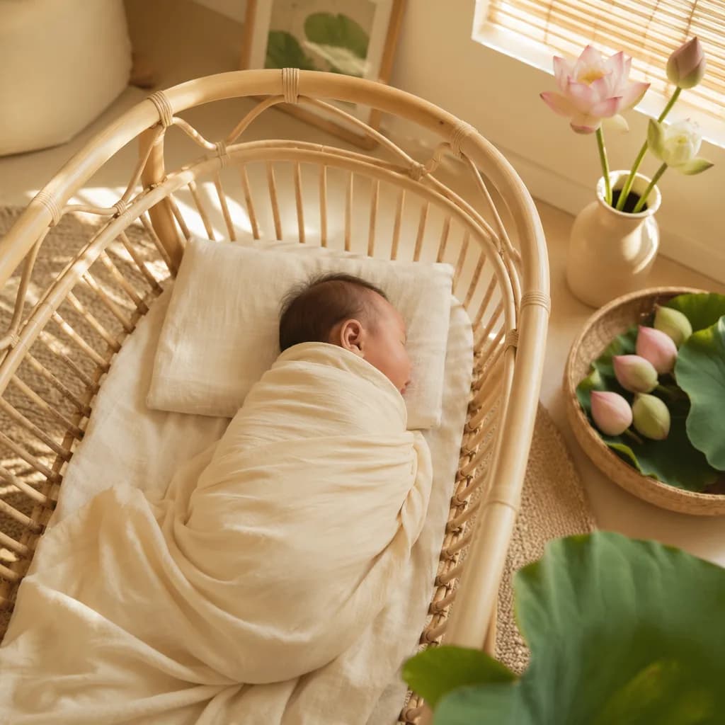 A softly lit Vietnamese nursery with a swaddled sleeping baby, lotus flowers, and warm pastel decor.