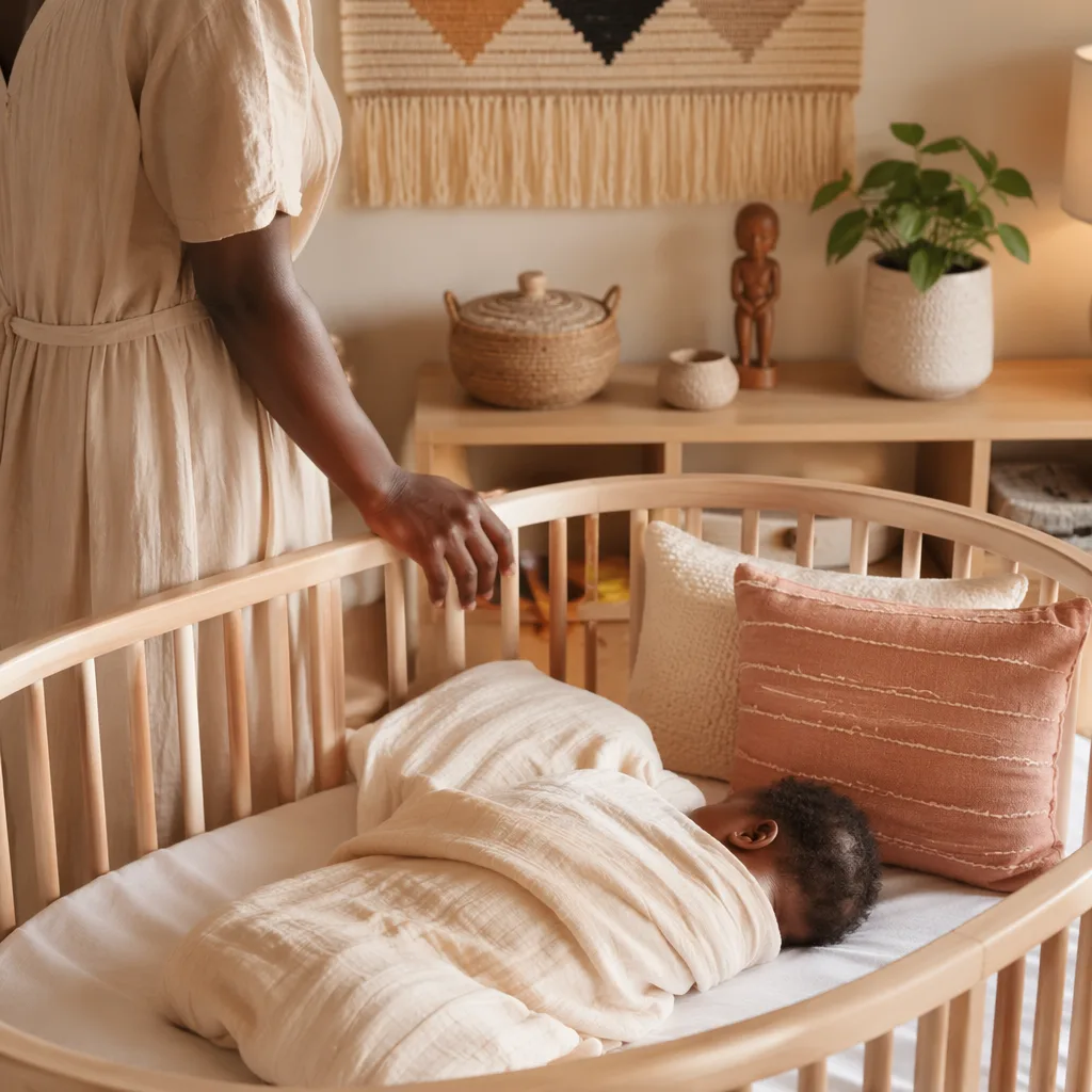 A peaceful pastel nursery with a swaddled baby and subtle Yoruba-inspired decor.