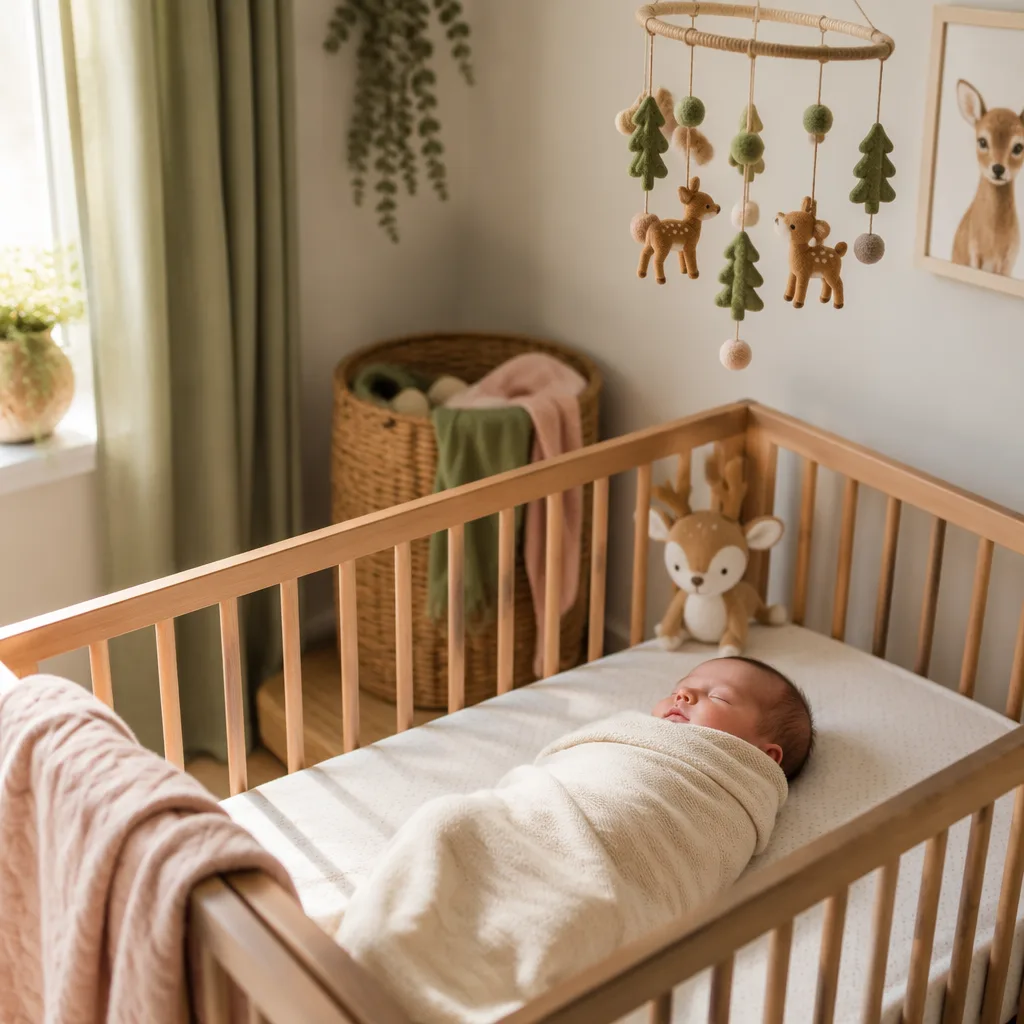 A peaceful pastel nursery with a sleeping baby and gentle deer-themed decor.