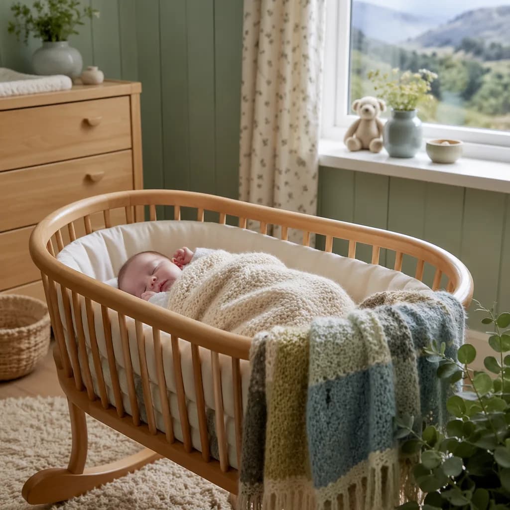A peaceful Welsh-inspired nursery with a sleeping baby in soft natural light.
