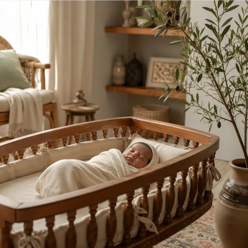A softly lit nursery with a swaddled baby in a cradle and gentle leafy accents.