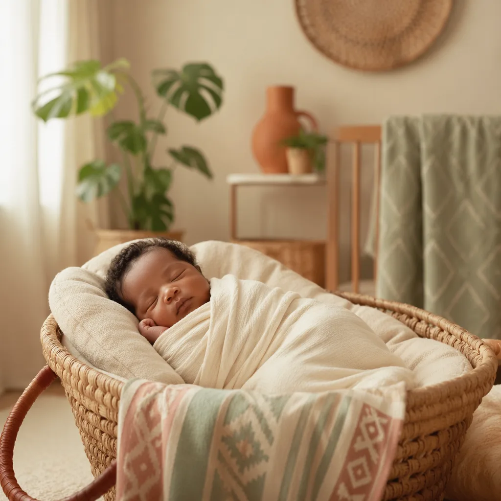 Peaceful Nigerian newborn in a soft pastel nursery with warm natural light.