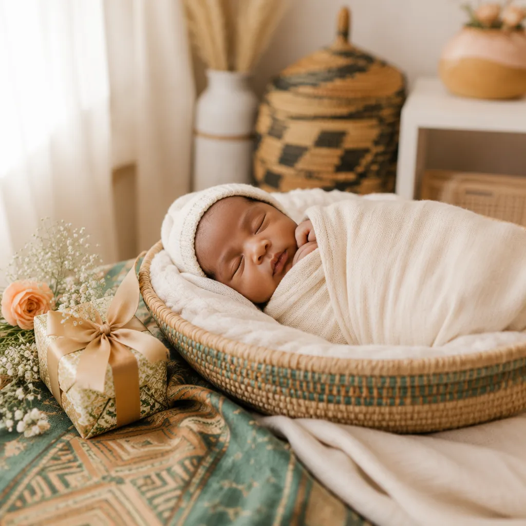 A peacefully sleeping swaddled baby in a warm pastel Yoruba-inspired nursery.