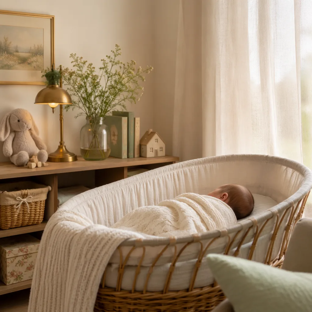A softly lit cozy nursery with a sleeping baby in a bassinet and gentle vintage English decor.