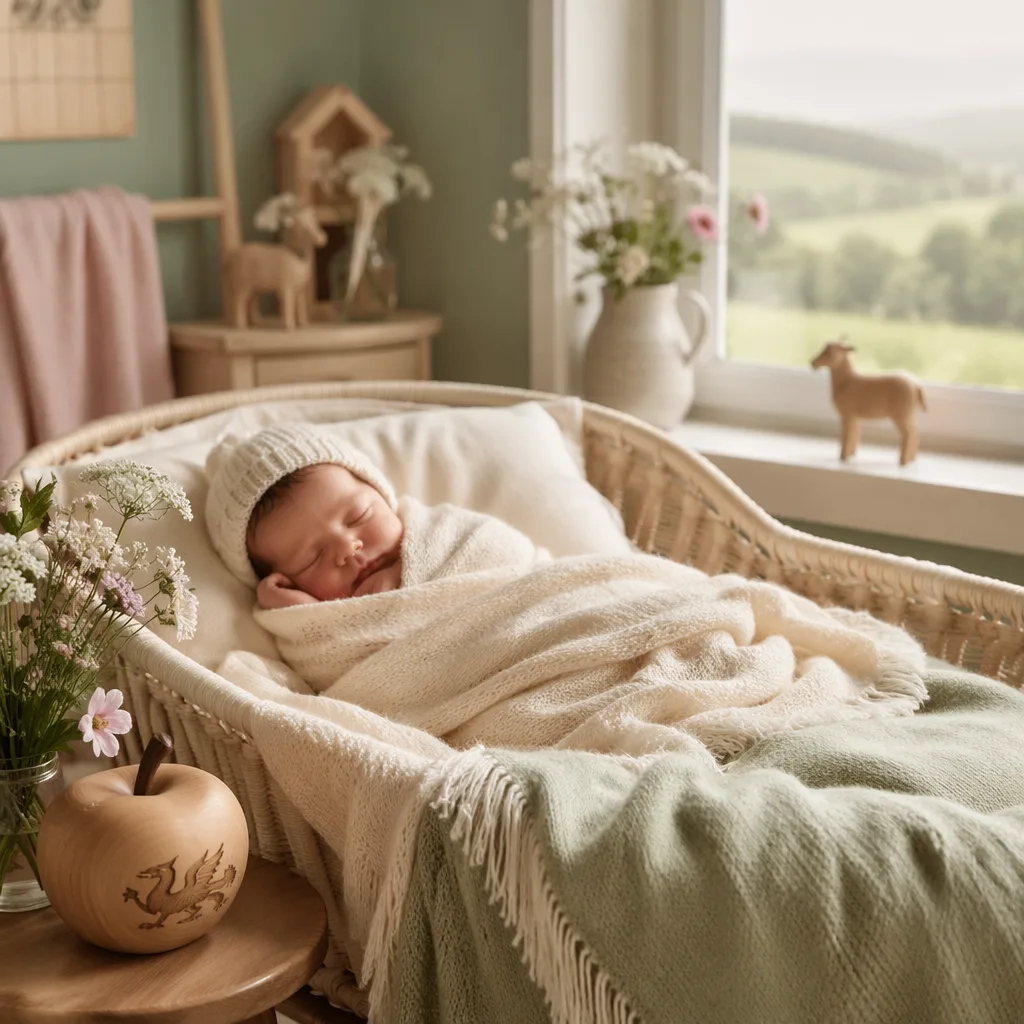 A softly lit Welsh-inspired nursery with a swaddled sleeping newborn and gentle pastel details.