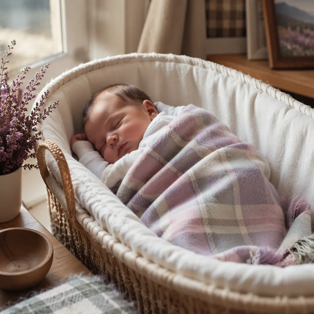 Sleeping newborn wrapped in a pastel tartan blanket in a cozy Scottish-inspired nursery