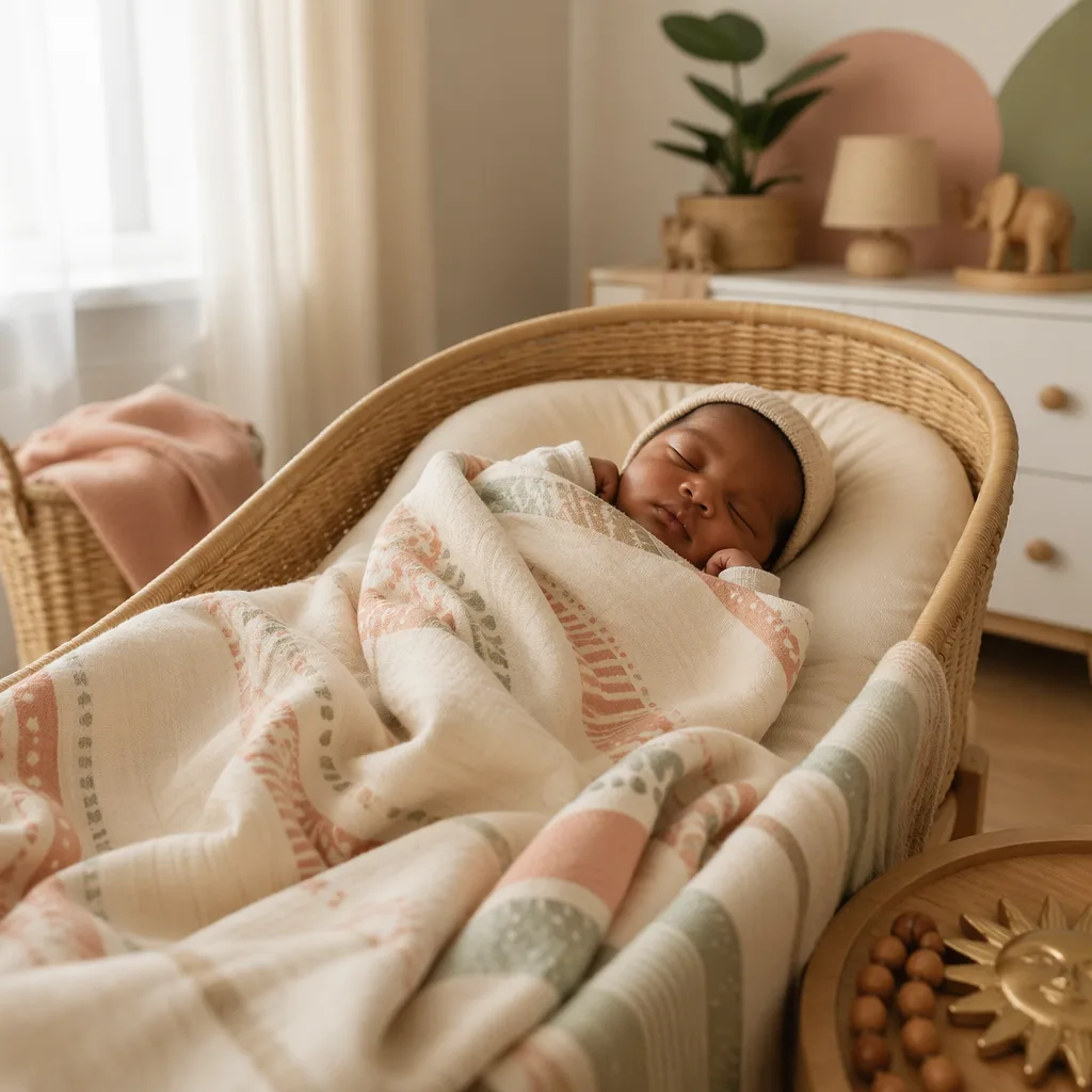 Peaceful newborn in a warm Nigerian-inspired pastel nursery.