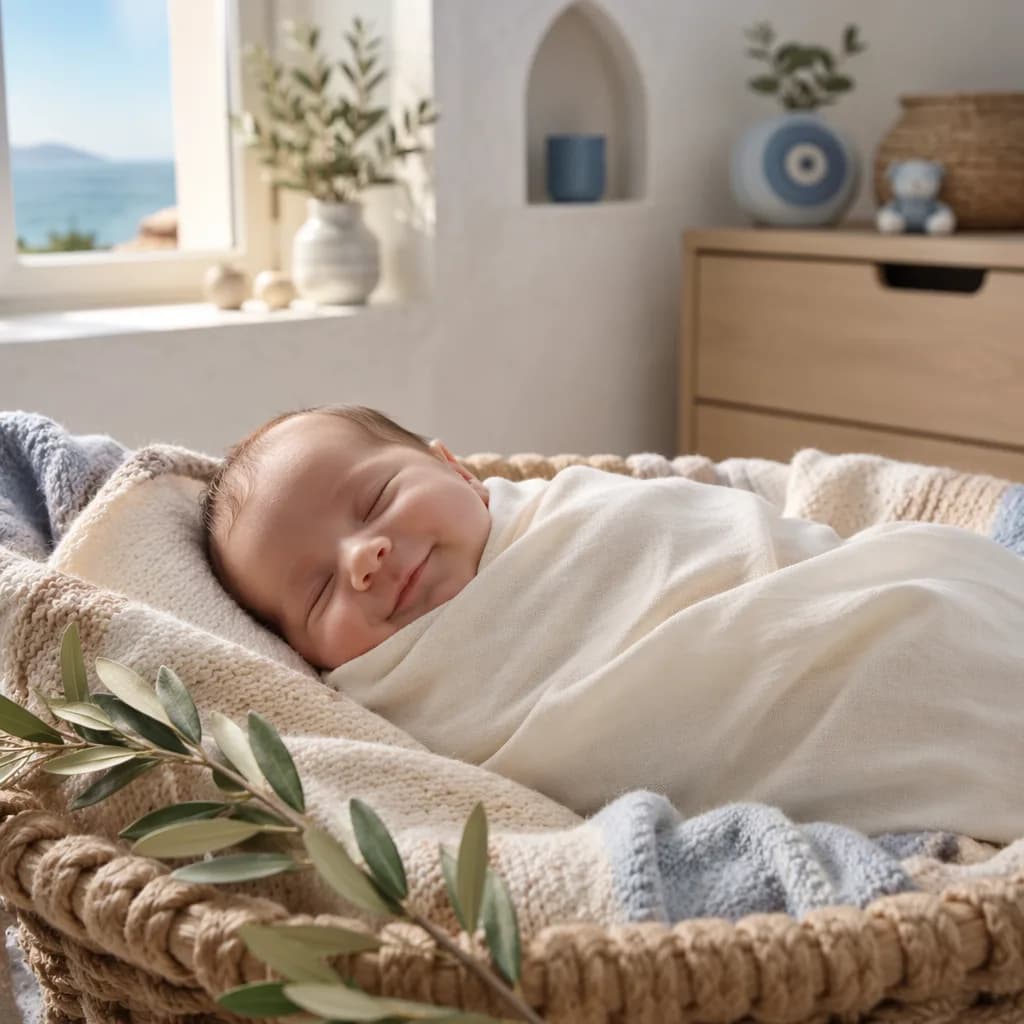 A cozy Greek-inspired nursery scene with a swaddled baby, olive branch, and soft pastel decor.