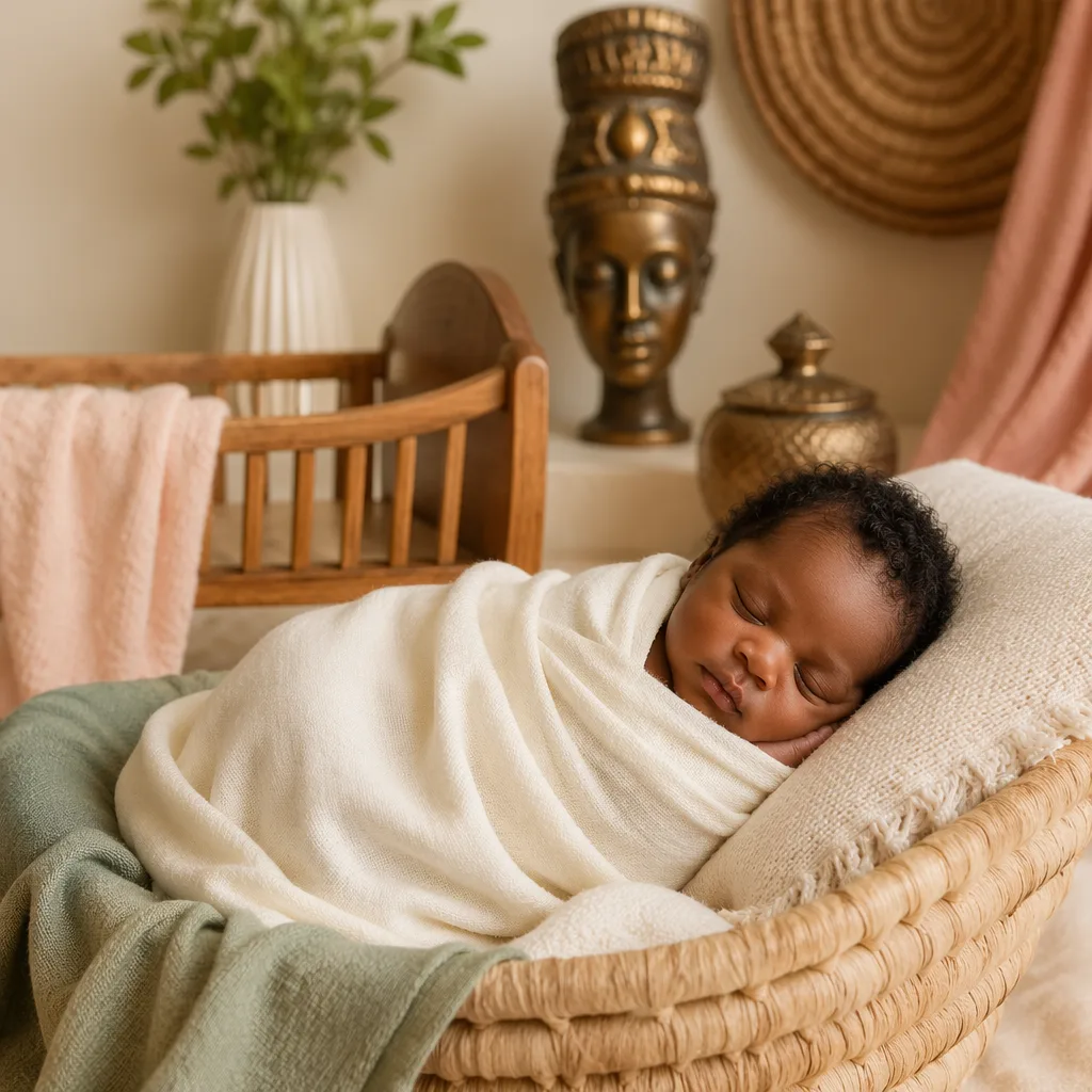 Sleeping Nigerian baby in a soft pastel nursery with gentle heritage-inspired decor.