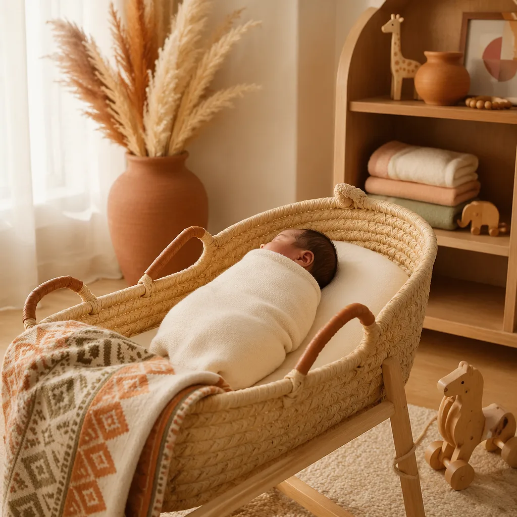 A serene Nigerian-inspired nursery with a swaddled sleeping baby in a woven basket.