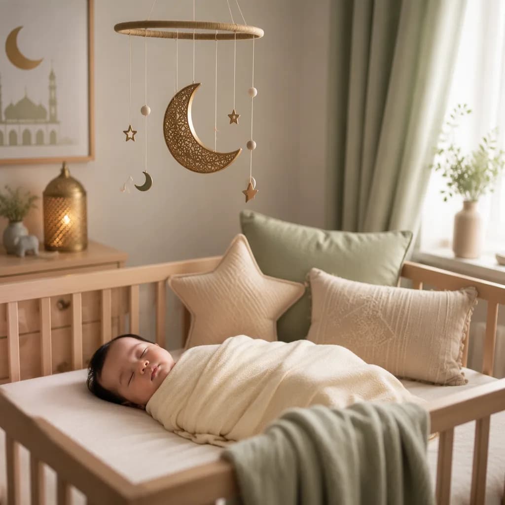 Sleeping baby in a soft pastel nursery with gentle gold accents and warm natural light.