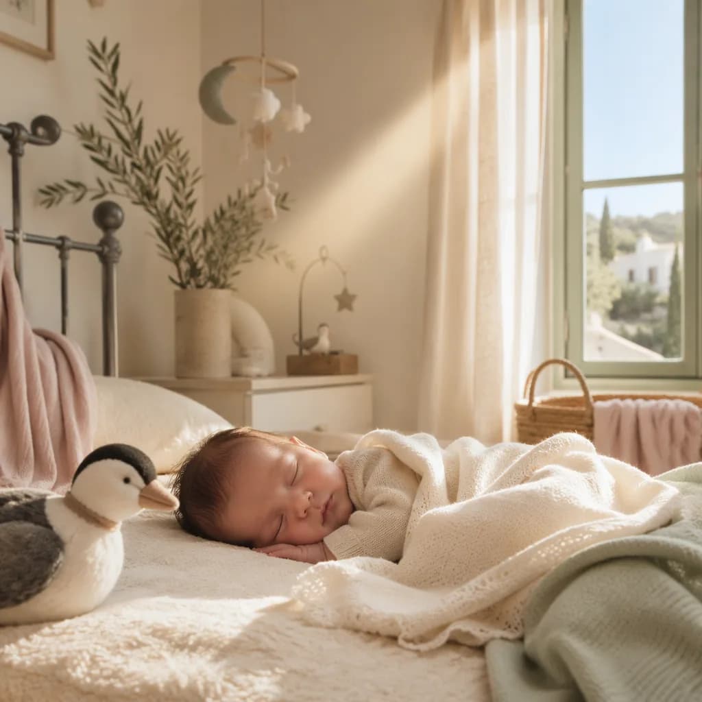Sleeping newborn in a soft pastel nursery with gentle light and a plush eider duck.