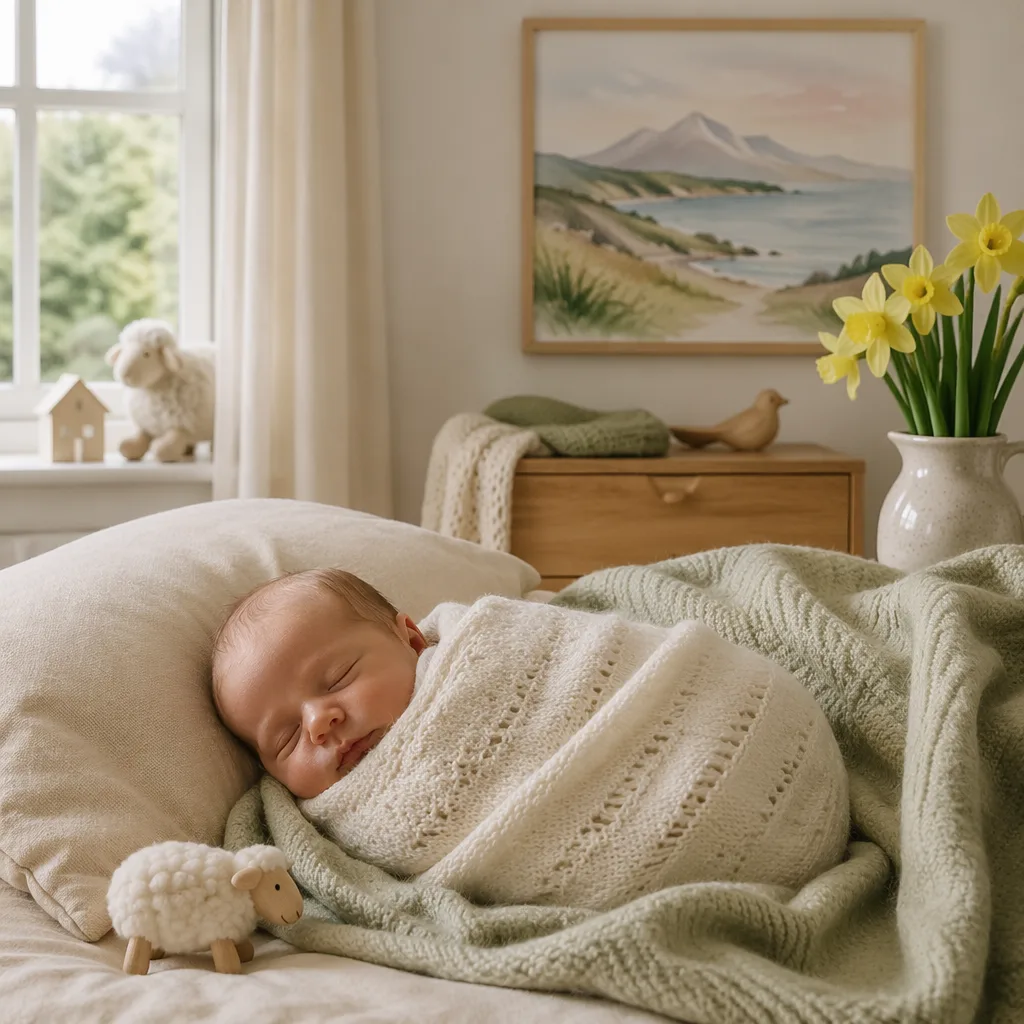 Cozy Welsh-inspired nursery with a swaddled sleeping baby, daffodils, and soft pastel decor.