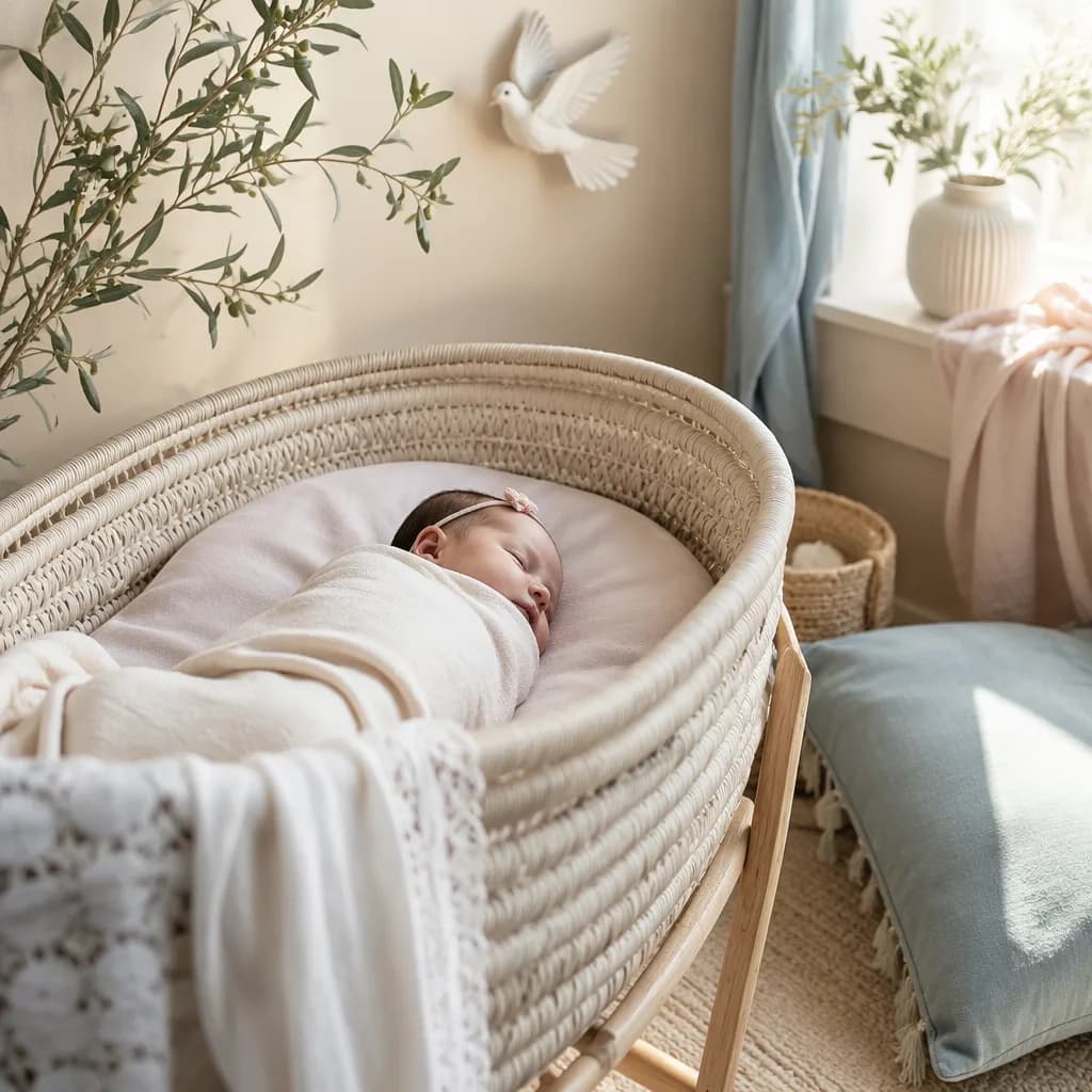 Peaceful Greek-inspired nursery with a sleeping swaddled baby, olive branch, and dove.